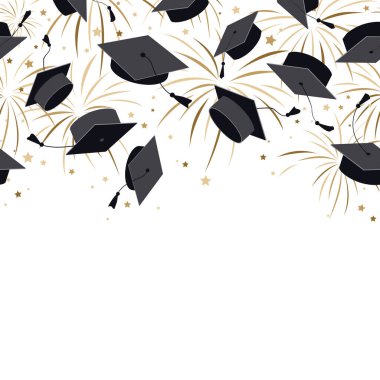Mezuniyet şapkaları ve havadaki altın havai fişeklerle süslü, kusursuz sınır deseni. Uçan mezuniyet özgeçmişi. Vektör illüstrasyonu.