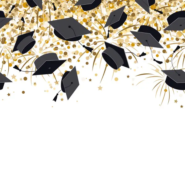 Mezuniyet şapkaları, konfetileri ve havada altın havai fişekleri olan parlak, pürüzsüz sınır deseni. Uçan mezuniyet özgeçmişi. Vektör illüstrasyonu.