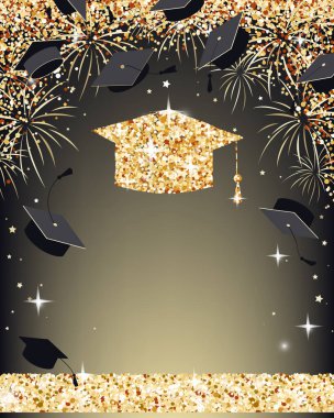 Mezuniyet pankartı ve altın konfetiyle. Mezuniyet partisi ya da diğer mezuniyet töreni tasarımları için lüks davetiye kartı. Vektör illüstrasyonu.