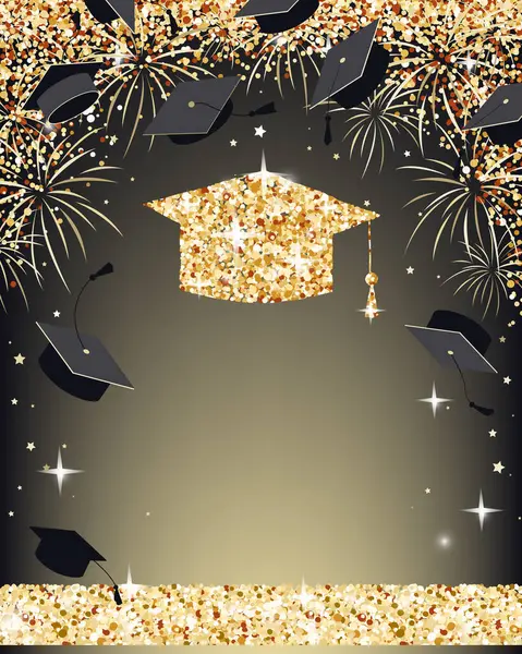Mezuniyet pankartı ve altın konfetiyle. Mezuniyet partisi ya da diğer mezuniyet töreni tasarımları için lüks davetiye kartı. Vektör illüstrasyonu.