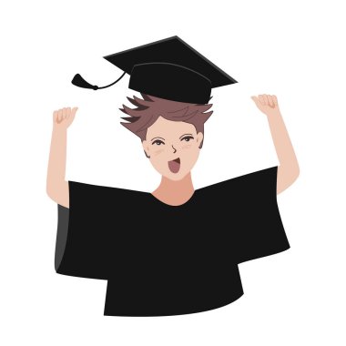Küçük tatlı çocuk okuldan mezun oldu. Mezuniyet şapkalı, gülümseyen çocuk. Vektör simgesi illüstrasyonu