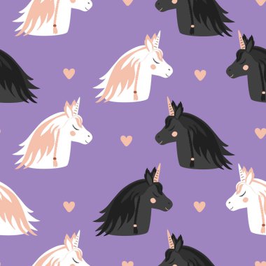 Sevimli beyaz ve siyah tek boynuzlu at deseni. Tek boynuzlu at portresinin arka planı. Peri atları vektör çizimi