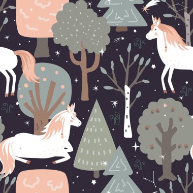 Tek boynuzlu atlar ve büyülü ormanlarla kusursuz vektör deseni. Klasik peri geçmişi. Vektör illüstrasyonu