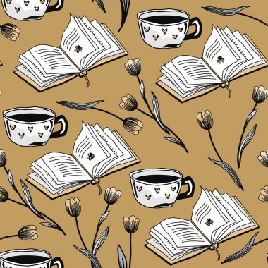 Lale çiçekleri ve açık bir kitapla el çizimi, karalama çizimi. Beyaz zemin üzerinde izole edilmiş vektör vintage kitap. Grafik illüstrasyon.