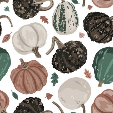 Sıcak küçük su kabakları ve sonbahar yaprakları pürüzsüz desen. Balkabağı arka planı. Vektör kabağı illüstrasyonu.