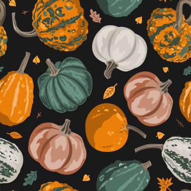 Sıcak küçük su kabakları ve sonbahar yaprakları pürüzsüz desen. Balkabağı arka planı. Vektör kabağı illüstrasyonu.