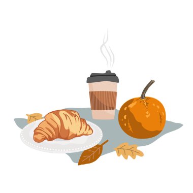 Balkabağı, kruvasan, kağıt kahve fincanı ve sonbahar yapraklı el yapımı estetik kompozisyon. Açık hava pikniği. Vektör illüstrasyonu.