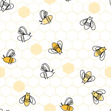 Bal peteği desenli doğrusal bal arıları çizgi filmi. Vektör arkaplan çizimi.