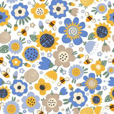 Tatlı çizgi film bal arıları, ve karalama çayırı çiçekleri dikişsiz desen. Vektör arkaplan çizimi