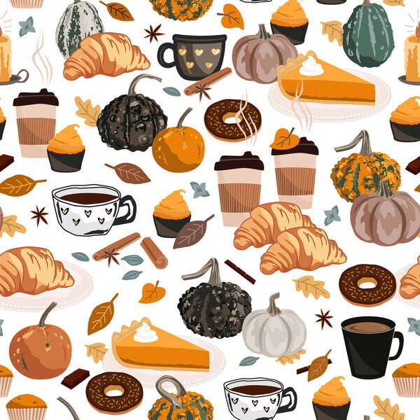 Hand drawn Fall seamless pattern with Autumn sweets, cute pumpkins, and Autumn leaves. Vector illustration