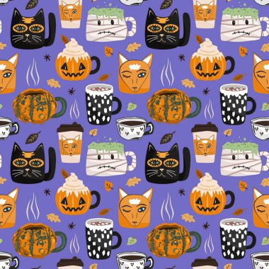 Tatlı cadılar bayramı kupalarıyla kusursuz desen. Vektör sonbahar arkaplanı