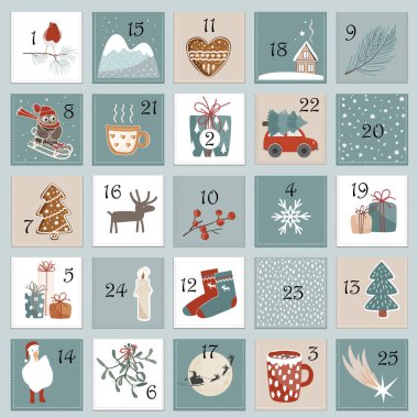 Happy Holidays pocket advent calendar with different Christmas symbols for your design. Scandinavian style. Vector illustration