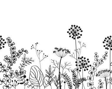 Seamless border with doodle forest and meadow plants. Hand drawn floral background for frames, posters, kids cards, wallpapers. Vector illustration.
