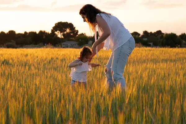 Doğadaki duygusal aile bağı, sakin bir açık hava anında altın güneş ışığıyla yıkanmış.
