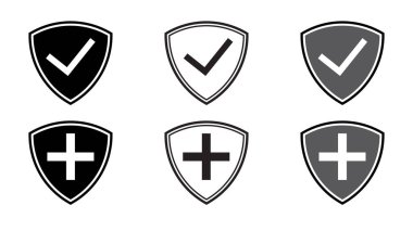 Güvenlik, koruma, onay, sağlık veya güvenlik temalı tasarımlar için ideal altı minimalist kalkan simgesi işaretleri ve artı semboller her biri üç biçim varyasyonunda gösterilir.