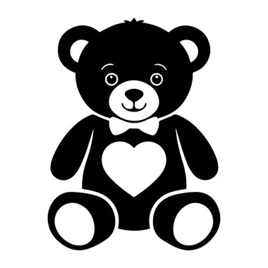 Beyaz arka plan çiziminde yay ve aşk şekilli silueti olan oyuncak ayı..