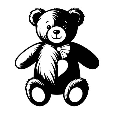 Beyaz arka plan çiziminde yay ve aşk şekilli silueti olan oyuncak ayı..