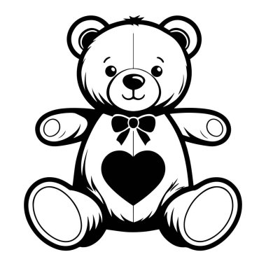 Beyaz arka plan çiziminde yay ve aşk şekilli silueti olan oyuncak ayı..