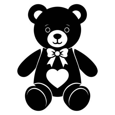 Beyaz arka plan çiziminde yay ve aşk şekilli silueti olan oyuncak ayı..