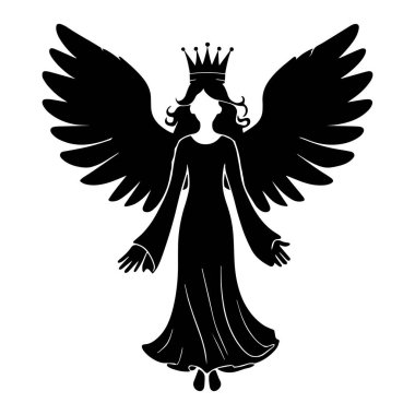 Beyaz arka plan vektörüne izole edilmiş tüylü kanatlı, siyah resimli kadın melek silueti..