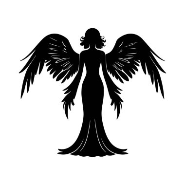 Beyaz arka plan vektörüne izole edilmiş tüylü kanatlı, siyah resimli kadın melek silueti..