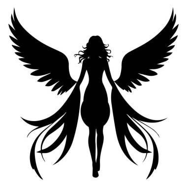 Beyaz arka plan vektörüne izole edilmiş tüylü kanatlı, siyah resimli kadın melek silueti..