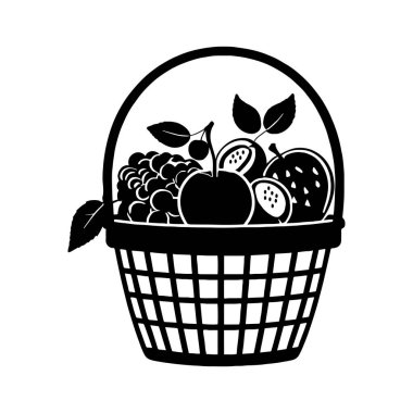 Beyaz arkaplan vektöründe izole edilmiş piknik meyve sepeti siyah illüstrasyon silueti.
