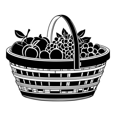 Beyaz arkaplan vektöründe izole edilmiş piknik meyve sepeti siyah illüstrasyon silueti.