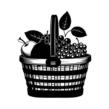 Beyaz arkaplan vektöründe izole edilmiş piknik meyve sepeti siyah illüstrasyon silueti.