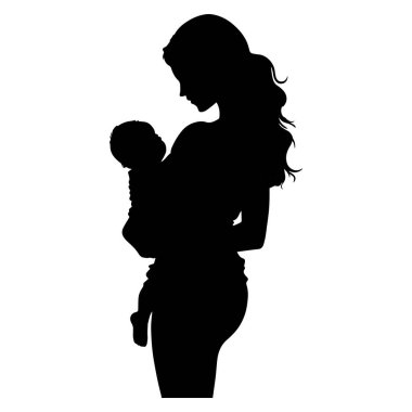 Anne ve çocuk, elinde bebek için siyah siluet çizimi tutuyor..