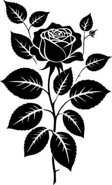 Beyaz arkaplan vektörü illüstrasyonunda siyah beyaz gül silueti.