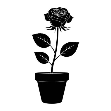 Bir saksı siluetinde gül çiçeği bitkisi siyah vektör çizimi.