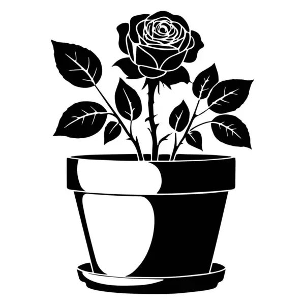 Bir saksı siluetinde gül çiçeği bitkisi siyah vektör çizimi.