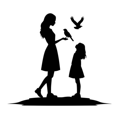 Beyaz arkaplanda kuş güvercini silueti olan siyah kız..