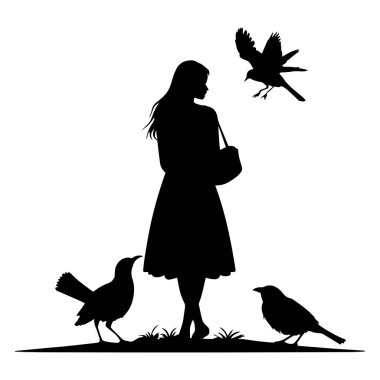 Beyaz arkaplanda kuş güvercini silueti olan siyah kız..