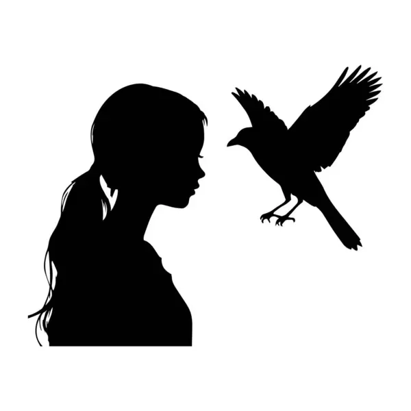 Beyaz arkaplanda kuş güvercini silueti olan siyah kız..