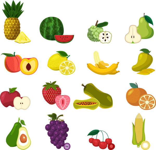 Вектор фруктового набора ярких фруктов.