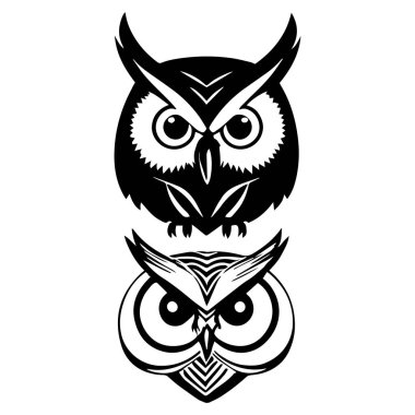 Sevimli baykuş yüzü logo silueti siyah ve beyaz vektör tasarımı.