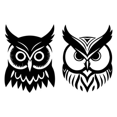 Sevimli baykuş yüzü logo silueti siyah ve beyaz vektör tasarımı.