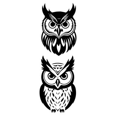 Sevimli baykuş yüzü logo silueti siyah ve beyaz vektör tasarımı.