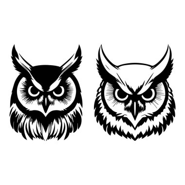 Sevimli baykuş yüzü logo silueti siyah ve beyaz vektör tasarımı.