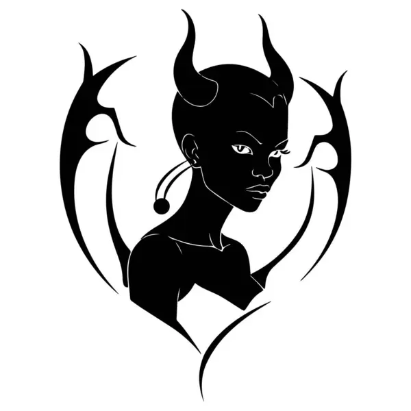 Boynuz siyah beyaz illüstrasyon logo vektörü olan şeytan kız kafası.