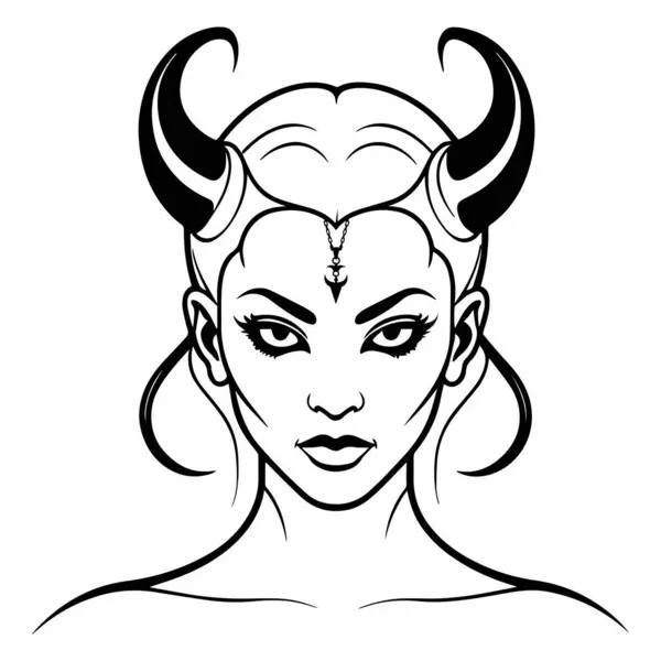 Boynuz siyah beyaz illüstrasyon logo vektörü olan şeytan kız kafası.