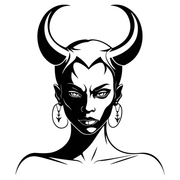 Boynuz siyah beyaz illüstrasyon logo vektörü olan şeytan kız kafası.