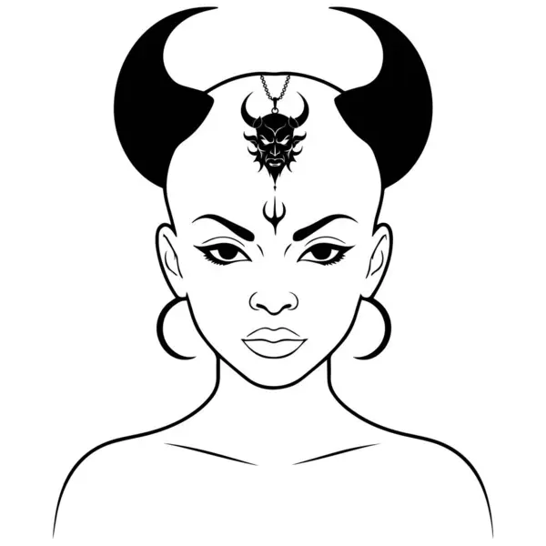 Boynuz siyah beyaz illüstrasyon logo vektörü olan şeytan kız kafası.