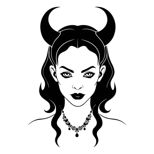 Boynuz siyah beyaz illüstrasyon logo vektörü olan şeytan kız kafası.