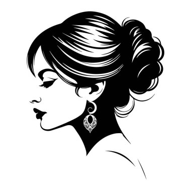 Saç stili siyah beyaz çizim logo vektörü olan kadın kafası.