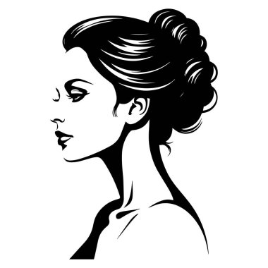 Saç stili siyah beyaz çizim logo vektörü olan kadın kafası.