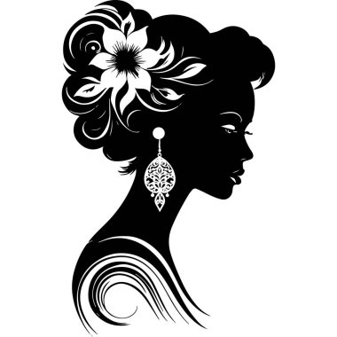 Saç stili siyah beyaz çizim logo vektörü olan kadın kafası.