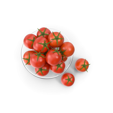 Cam kasedeki taze domatesler beyaz arka planda izole edilmiş, 3 boyutlu lezzetli ve sağlıklı salatalar ve mevsimlik yiyecekler için. Olgun domates şarabı olgunlaşmış kırmızı meyve gibi.